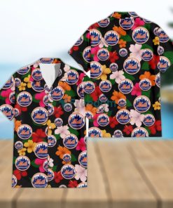 New York Mets Pink Orange Yellow White Hibiscus Black Background 3D Hawaiian Shirt Gift For Fans