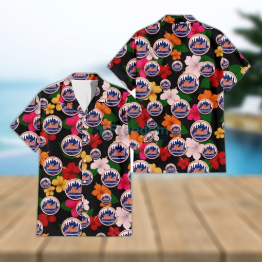 New York Mets Pink Orange Yellow White Hibiscus Black Background 3D Hawaiian Shirt Gift For Fans