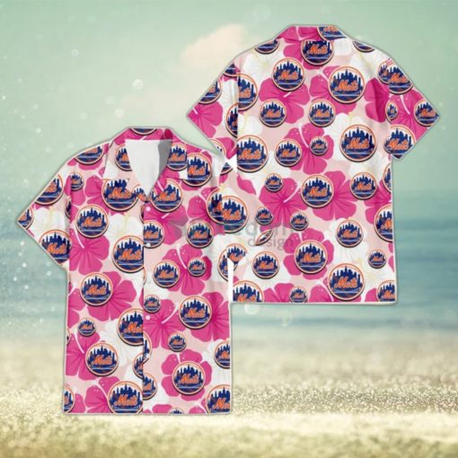 New York Mets Pink White Hibiscus Misty Rose Background 3D Hawaiian Shirt Gift For Fans