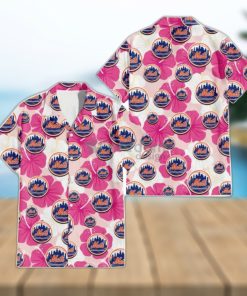 New York Mets Purple Hibiscus Neon Leaf Orange Background 3D Hawaiian Shirt  Gift For Fans - Limotees