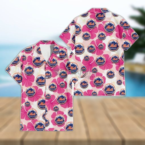 New York Mets Pink White Hibiscus Misty Rose Background 3D Hawaiian Shirt Gift For Fans