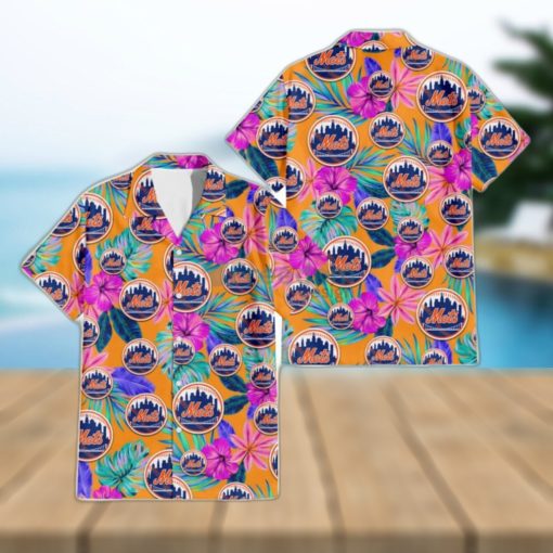 New York Mets Purple Hibiscus Neon Leaf Orange Background 3D Hawaiian Shirt Gift For Fans