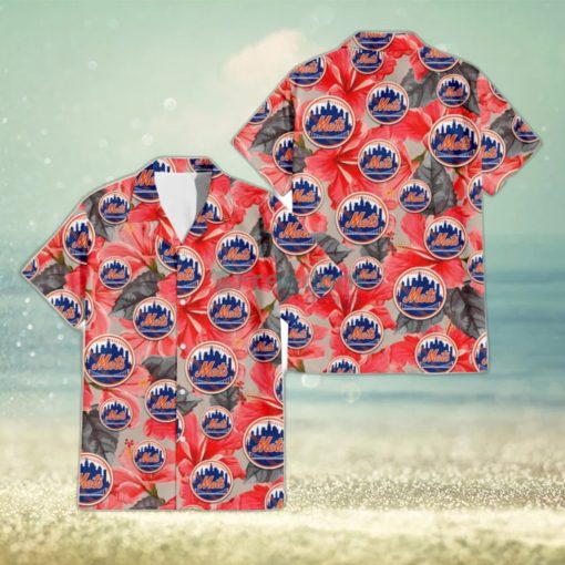 New York Mets Red Hibiscus Gray Leaf Beige Background 3D Hawaiian Shirt Gift For Fans