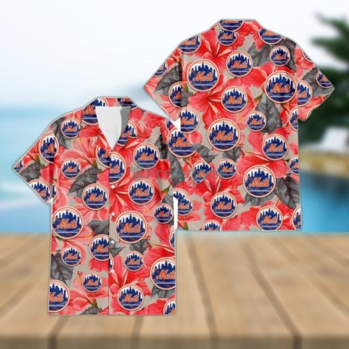 New York Mets Red Hibiscus Gray Leaf Beige Background 3D Hawaiian Shirt Gift For Fans