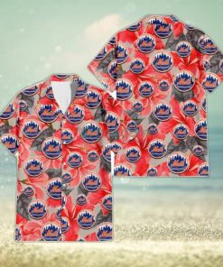 New York Mets Red Hibiscus Gray Leaf Gainsboro Background 3D Hawaiian Shirt Gift For Fans