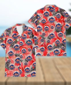 New York Mets Red Hibiscus Gray Leaf Gainsboro Background 3D Hawaiian Shirt Gift For Fans