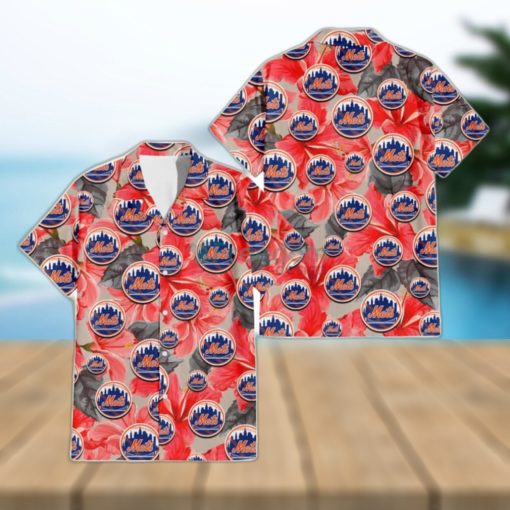 New York Mets Red Hibiscus Gray Leaf Gainsboro Background 3D Hawaiian Shirt Gift For Fans