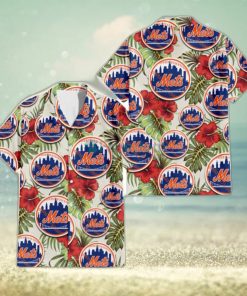 New York Mets Red Hibiscus Green Tropical Leaf Cream Background 3D Hawaiian Shirt Gift For Fans