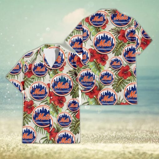 New York Mets Red Hibiscus Green Tropical Leaf Cream Background 3D Hawaiian Shirt Gift For Fans