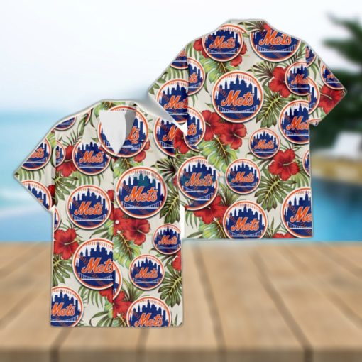 New York Mets Red Hibiscus Green Tropical Leaf Cream Background 3D Hawaiian Shirt Gift For Fans