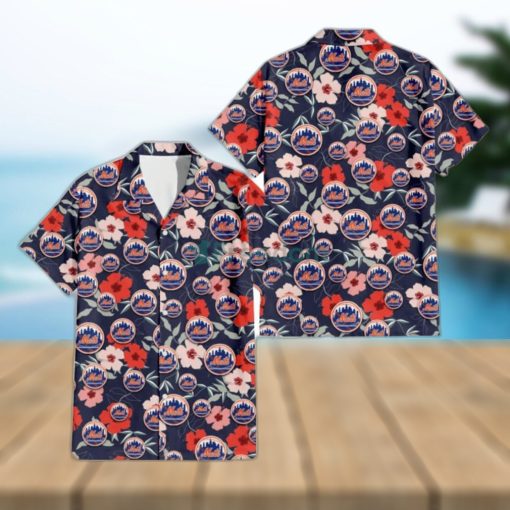 New York Mets Red Pink White Hibiscus Black Background 3D Hawaiian Shirt Gift For Fans