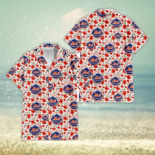 New York Mets Tiny Red Hibiscus Green Leaf White Cube Background 3D Hawaiian Shirt Gift For Fans