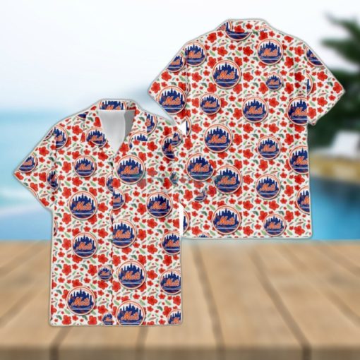 New York Mets Tiny Red Hibiscus Green Leaf White Cube Background 3D Hawaiian Shirt Gift For Fans