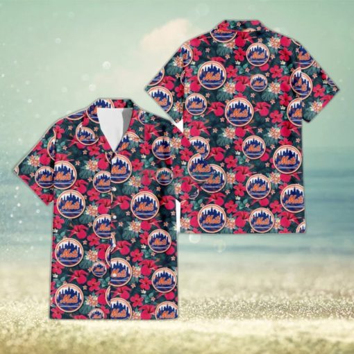 New York Mets Tiny Red Hibiscus White Porcelain Flower Black Background 3D Hawaiian Shirt Gift For Fans