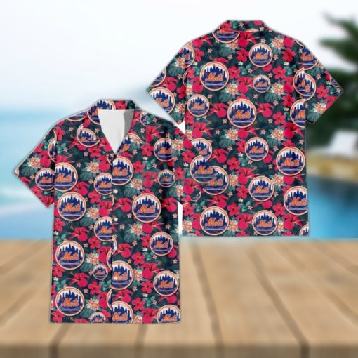 New York Mets Tiny Red Hibiscus White Porcelain Flower Black Background 3D Hawaiian Shirt Gift For Fans