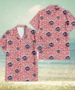 New York Mets Tiny White Hibiscus Pattern Red Background 3D Hawaiian Shirt Gift For Fans