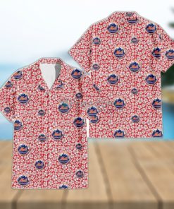 New York Mets Tiny White Hibiscus Pattern Red Background 3D Hawaiian Shirt Gift For Fans