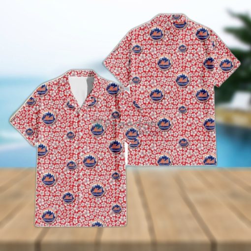 New York Mets Tiny White Hibiscus Pattern Red Background 3D Hawaiian Shirt Gift For Fans