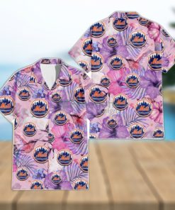 New York Mets White Purple Hibiscus Pink Hummingbird Pink Background 3D Hawaiian Shirt Gift For Fans