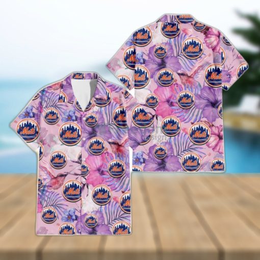 New York Mets White Purple Hibiscus Pink Hummingbird Pink Background 3D Hawaiian Shirt Gift For Fans