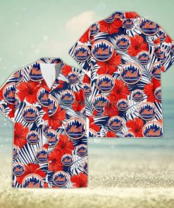 New York Mets Coral Hibiscus Green Leaf Beige Background 3D Hawaiian Shirt  Gift For Fans - Freedomdesign