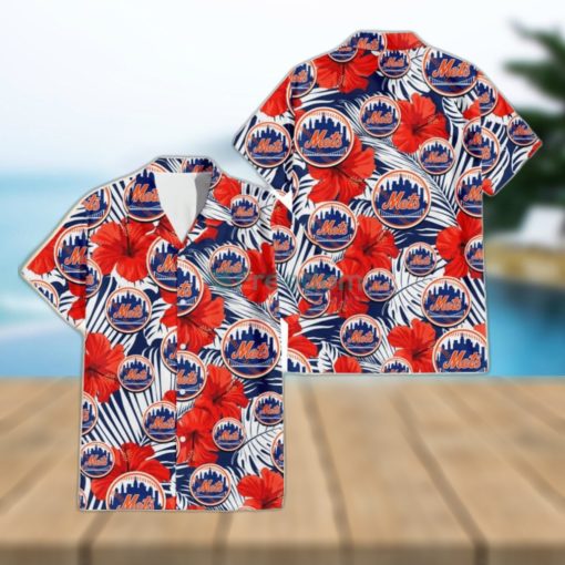 New York Mets White Tropical Leaf Red Hibiscus Navy Background 3D Hawaiian Shirt Gift For Fans