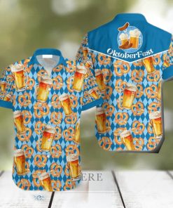 Oktoberfest Beer Pretzels Blue Checkered Hawaiian Shirt