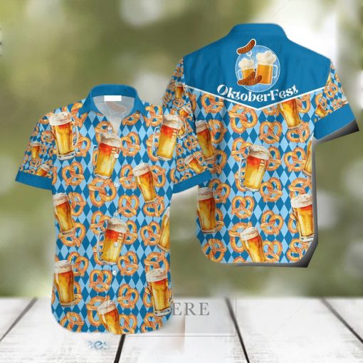 Oktoberfest Beer Pretzels Blue Checkered Hawaiian Shirt