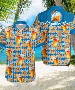 Oktoberfest Beer Pretzels Blue Checkered Hawaiian Shirt