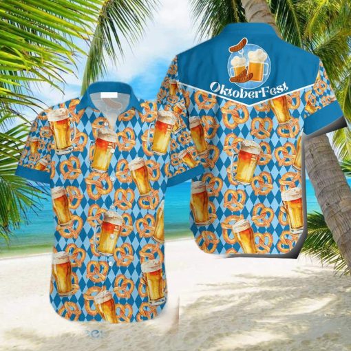 Oktoberfest Beer Pretzels Blue Checkered Hawaiian Shirt