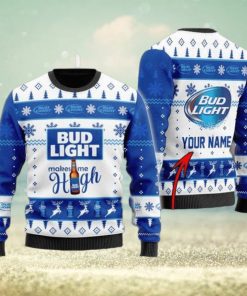 Personalized Name Bud Light Makes Me High Christmas Gift Sweater All Over Print 3D Sweater