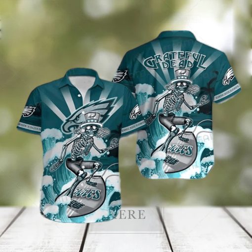 Philadelphia Eagles Grateful Dead Skeleton Surfing Hawaiian Shirt