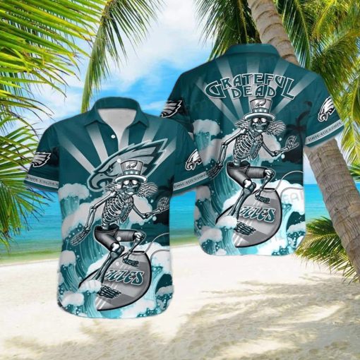 Philadelphia Eagles Grateful Dead Skeleton Surfing Hawaiian Shirt