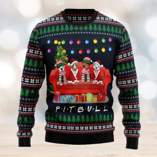 Pit Bull Friends On Red Sofa Ugly Christmas Sweater Thankgiving Gift Men Women