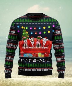 Pit Bull Friends On Red Sofa Womens Ugly Sweater