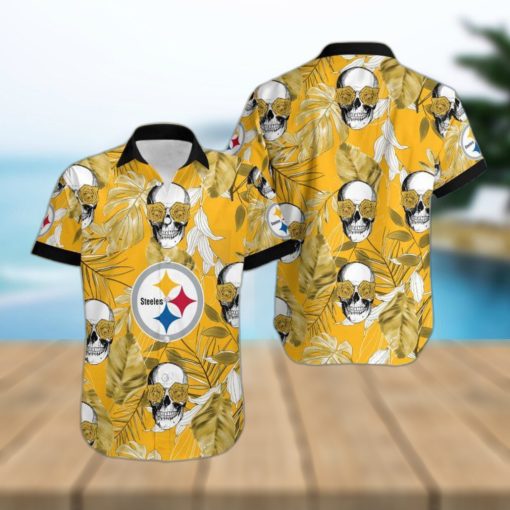 Pittsburgh Steelers Coconut Leaves Skull With Rose Eyes Hawaiian Shirt Gift For Halloween