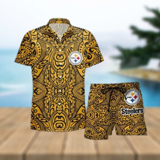 Pittsburgh Steelers Hawaiian Tribal Pattern Set Hawaiian Shirt And Shorts Beach Gift For Fans