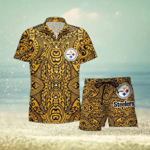 Pittsburgh Steelers Hawaiian Tribal Pattern Set Hawaiian Shirt And Shorts Beach Gift For Fans