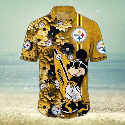 Pittsburgh Steelers Surfboard Parttern Mickey Mouse Flower Hawaiian Shirt