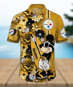 Pittsburgh Steelers Surfboard Parttern Mickey Mouse Flower Hawaiian Shirt