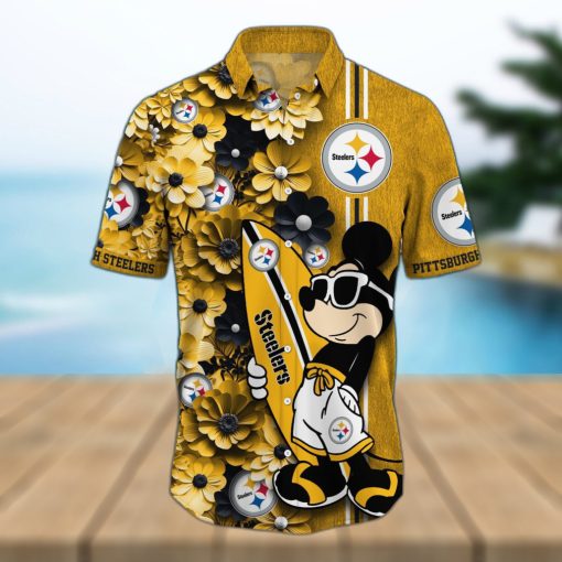 Pittsburgh Steelers Surfboard Parttern Mickey Mouse Flower Hawaiian Shirt