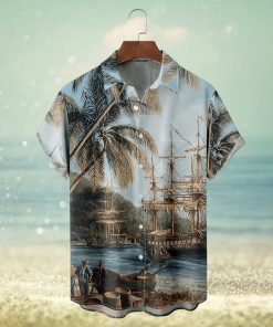 Plus Size Mens Hawaiian Coconut Tree Landscape Print Button Down Chest Pocket Shirt  Casual Lapel Summer Shirts Holiday Shirts