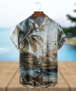 Plus Size Mens Hawaiian Coconut Tree Landscape Print Button Down Chest Pocket Shirt  Casual Lapel Summer Shirts Holiday Shirts