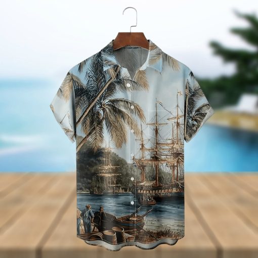 Plus Size Mens Hawaiian Coconut Tree Landscape Print Button Down Chest Pocket Shirt  Casual Lapel Summer Shirts Holiday Shirts