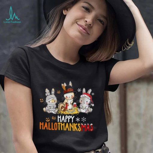 Rabbit Halloween And Merry Christmas Happy Hallothanksmas TShirt