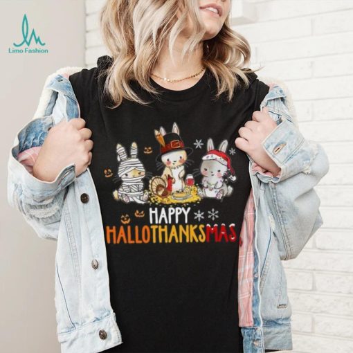 Rabbit Halloween And Merry Christmas Happy Hallothanksmas TShirt