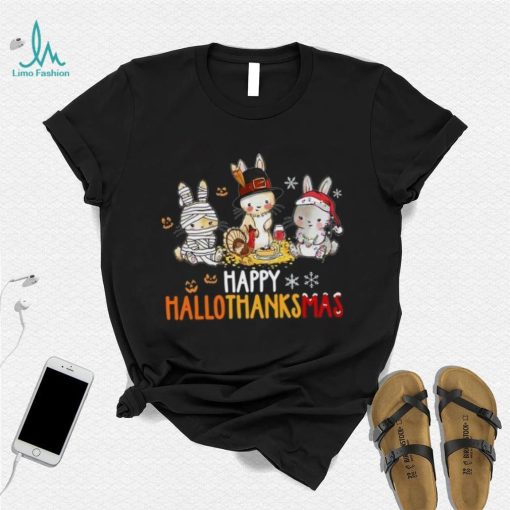 Rabbit Halloween And Merry Christmas Happy Hallothanksmas TShirt