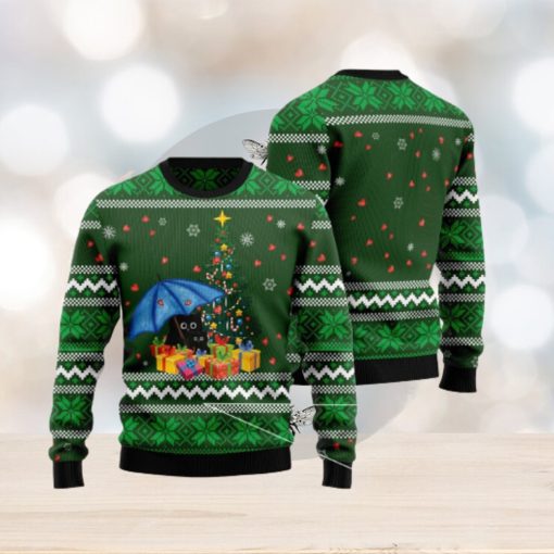 Rain With Love Black Cat And Umbrella Ugly Christmas 3D Sweater Gift For Christmas