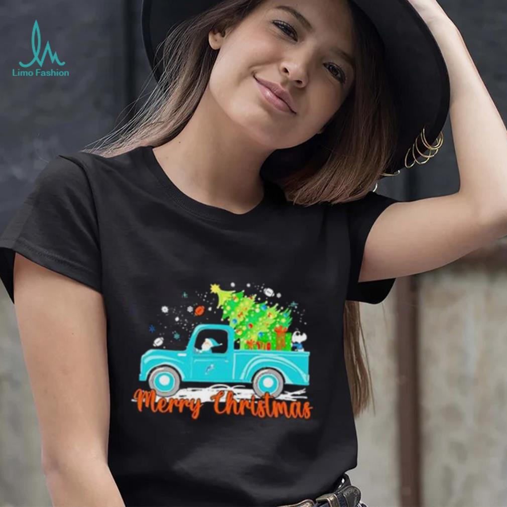 Santa And Snoopy Truck Christmas Miami Dolphins Merry Christmas T shirt -  Limotees