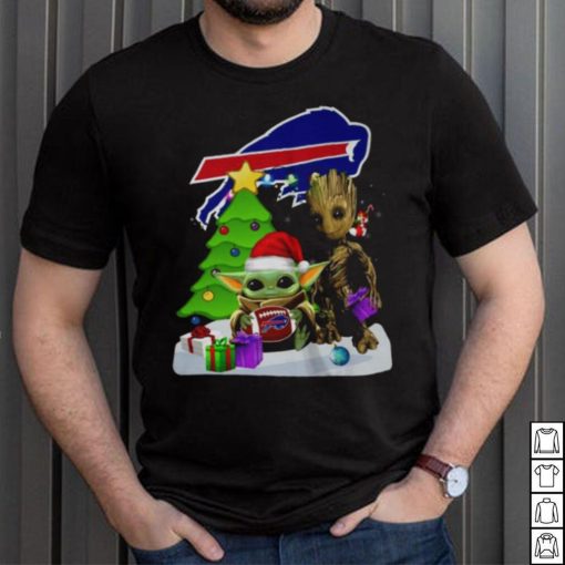 Santa Groot and Baby Yoda hug Buffalo Bills Snow Christmas Tree shirt